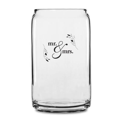 Personalized 16 oz Custom Can Shaped Glass - Mr. & Mrs. Circle Stamp with Leaves - Customized Can Glasses