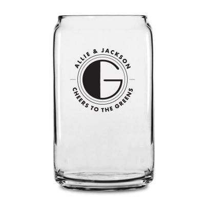Personalized 16 oz Custom Can Shaped Glass - Deco Initial Stamp - Customized Can Glasses