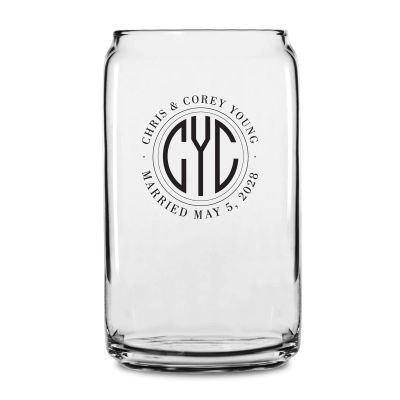Personalized 16 oz Custom Can Shaped Glass - Monogram Initials Circle Stamp - Customized Can Glasses