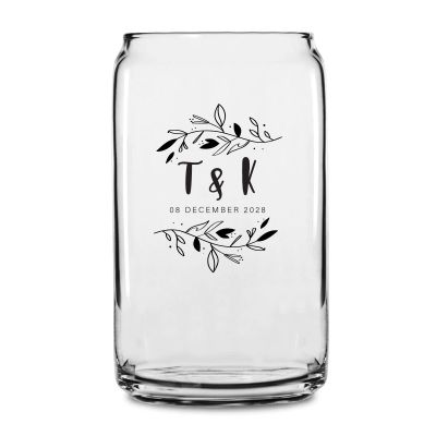 Personalized 16 oz Custom Can Shaped Glass - Initials with Leaves - Customized Can Glasses