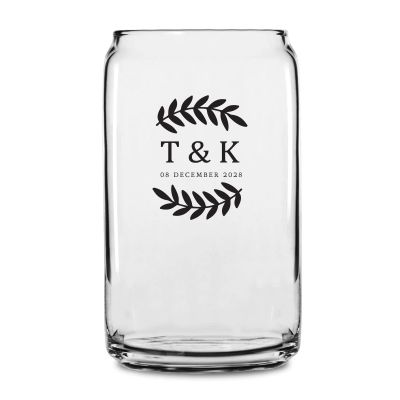 Personalized 16 oz Custom Can Shaped Glass - Laurel Leaf Large Type Initials - Customized Can Glasses