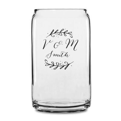 Personalized 16 oz Custom Can Shaped Glass - Laurel Leaf Drawing Initials - Customized Can Glasses
