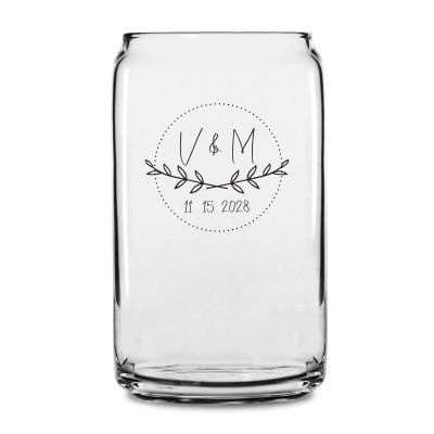 Personalized 16 oz Custom Can Shaped Glass - Handwritten Initials Laurel Leaf Drawing - Customized Can Glasses