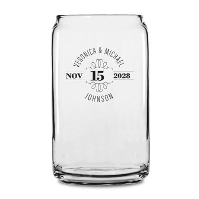 Personalized 16 oz Custom Can Shaped Glass - Deco Names and Date Circle Stamp - Customized Can Glasses