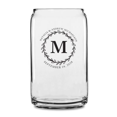 Personalized 16 oz Custom Can Shaped Glass - Large Laurel Monogram - Customized Can Glasses