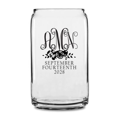 Personalized 16 oz Custom Can Shaped Glass - Three Letter Monogram with Rose - Customized Can Glasses