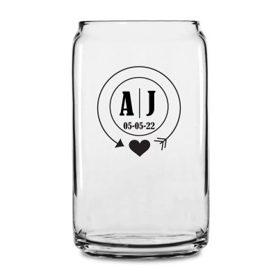 Personalized 16 oz Custom Can Shaped Glass - Circle Heart Monogram - Customized Can Glasses