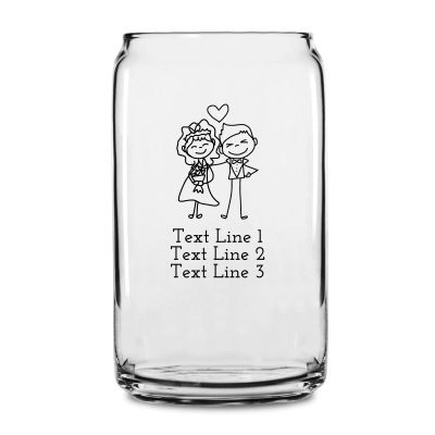 Personalized 16 oz Custom Can Shaped Glass - Stick Figure Bride and Groom - Customized Can Glasses