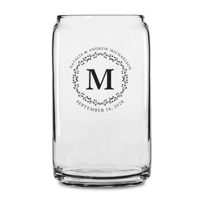 Personalized 16 oz Custom Can Shaped Glass - Flower Laurel Monogram - Customized Can Glasses
