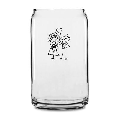 Personalized 16 oz Custom Can Shaped Glass - Stick Figure Bride and Groom - Customized Can Glasses