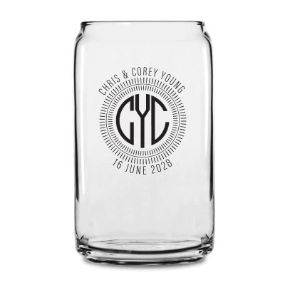 Personalized 16 oz Custom Can Shaped Glass - Lined Monogram Initials Circle Stamp - Customized Can Glasses