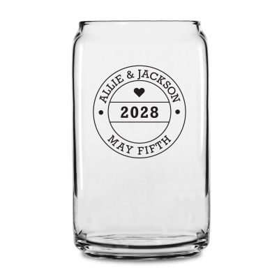 Personalized 16 oz Custom Can Shaped Glass - Heart Circle Stamp - Customized Can Glasses