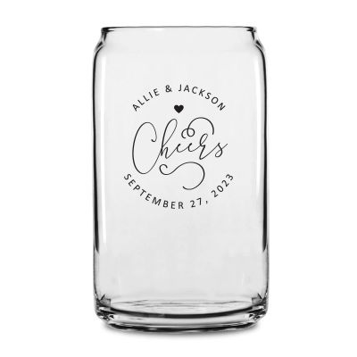 Personalized 16 oz Custom Can Shaped Glass - Cheers with Heart Circle Stamp - Customized Can Glasses