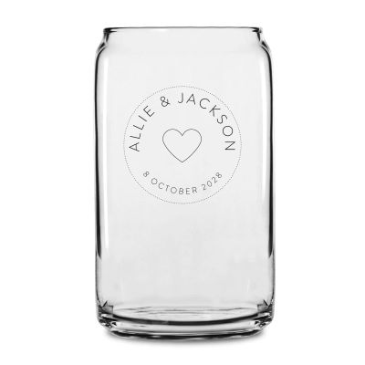 Personalized 16 oz Custom Can Shaped Glass - Heart Names and Date Dotted Stamp - Customized Can Glasses