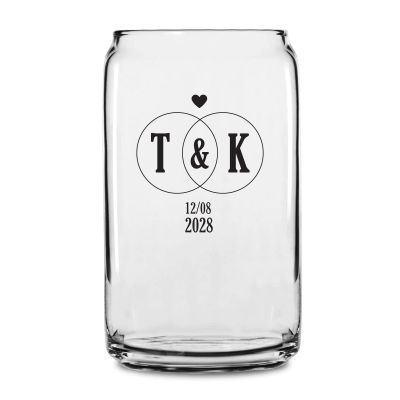 Personalized 16 oz Custom Can Shaped Glass - Initials Linked Rings with Heart - Customized Can Glasses