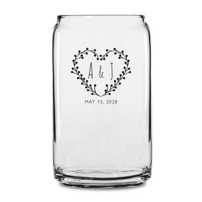 Personalized 16 oz Custom Can Shaped Glass - Heart Flower Wreath with Initials - Customized Can Glasses