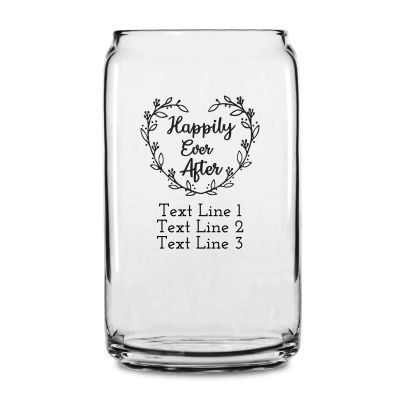 Personalized 16 oz Custom Can Shaped Glass - Happily Ever After Floral Heart Wreath - Customized Can Glasses