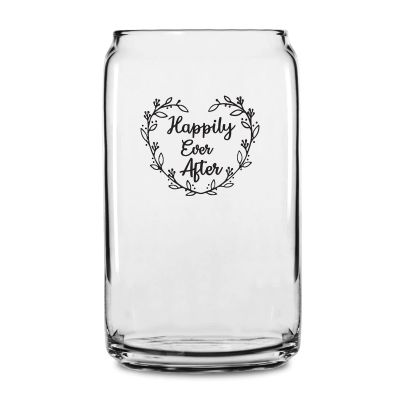 Personalized 16 oz Custom Can Shaped Glass - Happily Ever After Floral Heart Wreath - Customized Can Glasses