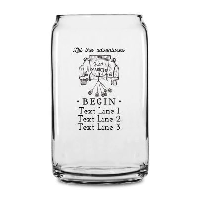 Personalized 16 oz Custom Can Shaped Glass - Let the Adventures Begin - Just Married Car - Customized Can Glasses