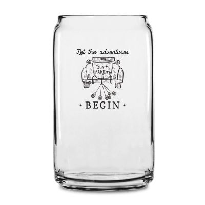 Personalized 16 oz Custom Can Shaped Glass - Let the Adventures Begin - Just Married Car - Customized Can Glasses