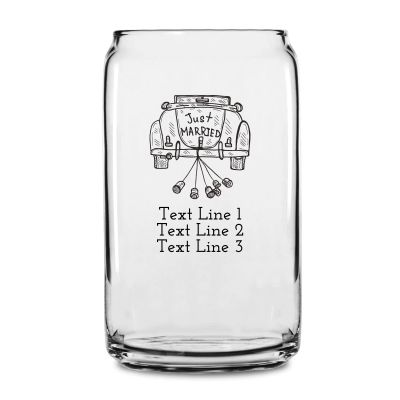 Personalized 16 oz Custom Can Shaped Glass - Just Married Car - Customized Can Glasses