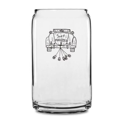 Personalized 16 oz Custom Can Shaped Glass - Just Married Car - Customized Can Glasses
