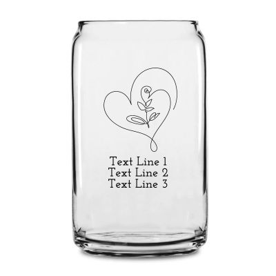 Personalized 16 oz Custom Can Shaped Glass - Rose Heart Line Art - Customized Can Glasses