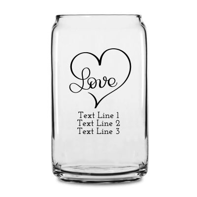 Personalized 16 oz Custom Can Shaped Glass - Love Heart Script - Customized Can Glasses