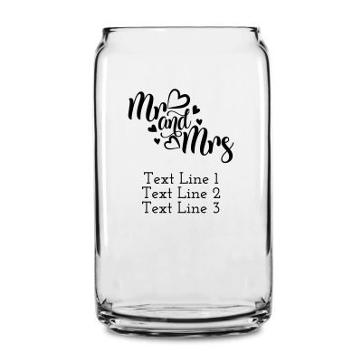 Personalized 16 oz Custom Can Shaped Glass - Mr & Mrs Hearts - Customized Can Glasses