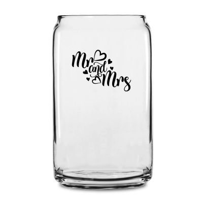Personalized 16 oz Custom Can Shaped Glass - Mr & Mrs Hearts - Customized Can Glasses