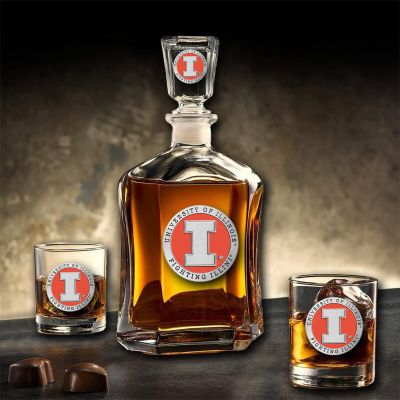 Illinois Fighting Illini - Capitol Decanter with 2 Double Old Fashioned Glasses