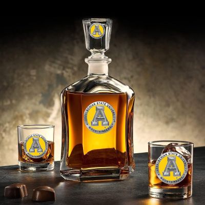 Appalachian State Mountaineers - Capitol Decanter with 2 Double Old Fashioned Glasses in Chest - Yellow Medallion