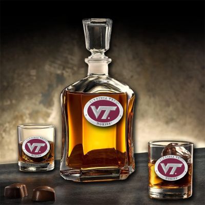 Virginia Tech VT Logo - Capitol Decanter with 2 Double Old Fashioned Glasses in Chest