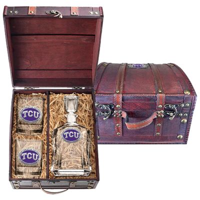 Texas Christian University - Horned Frogs - Capitol Decanter with 2 Double Old Fashioned Glasses in Chest