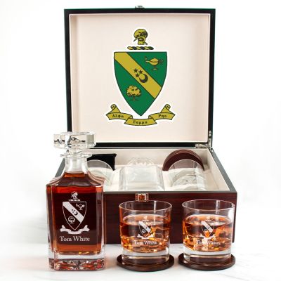 Custom Engraved Alpha Gamma Rho - Personalized Whiskey Decanter Set In Cherry Wood Gift Box - Coat of Arms