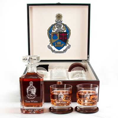 Custom Engraved Alpha Kappa Psi - Personalized Whiskey Decanter Set In Cherry Wood Gift Box - Coat of Arms