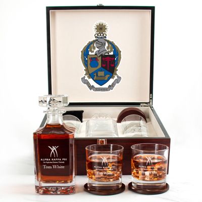Custom Engraved Alpha Kappa Psi - Personalized Whiskey Decanter Set In Cherry Wood Gift Box - Primary Fraternity Logo