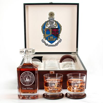 Custom Engraved Alpha Kappa Psi - Personalized Whiskey Decanter Set In Cherry Wood Gift Box - Fraternity Seal