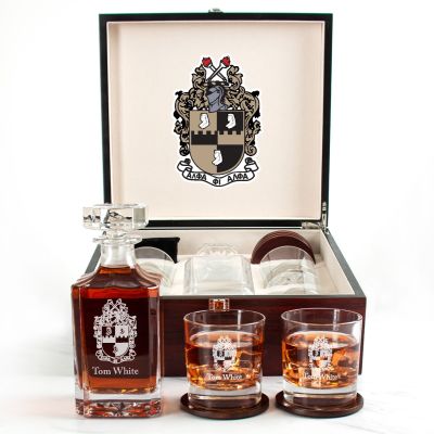 Custom Engraved Alpha Phi Alpha - Personalized Whiskey Decanter Set In Cherry Wood Gift Box - Coat of Arms