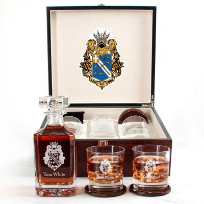 Custom Engraved Alpha Phi Omega - Personalized Whiskey Decanter Set In Cherry Wood Gift Box - Coat of Arms