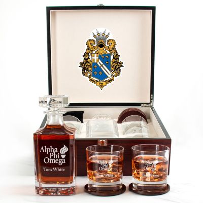 Custom Engraved Alpha Phi Omega - Personalized Whiskey Decanter Set In Cherry Wood Gift Box - Primary Logo