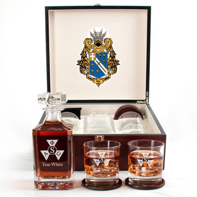 Custom Engraved Alpha Phi Omega - Personalized Whiskey Decanter Set In Cherry Wood Gift Box - Service Pin Logo