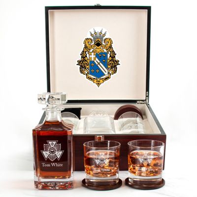 Custom Engraved Alpha Phi Omega - Personalized Whiskey Decanter Set In Cherry Wood Gift Box - Fraternity Badge Logo
