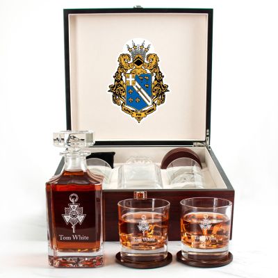 Custom Engraved Alpha Phi Omega - Personalized Whiskey Decanter Set In Cherry Wood Gift Box - Fraternity Key Logo