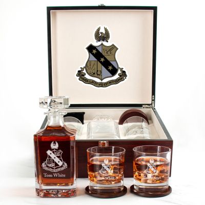 Custom Engraved Alpha Sigma Phi - Personalized Whiskey Decanter Set In Cherry Wood Gift Box - Coat of Arms