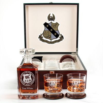 Custom Engraved Alpha Sigma Phi - Personalized Whiskey Decanter Set In Cherry Wood Gift Box - Fraternity Seal