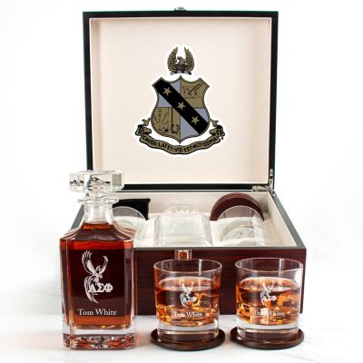 Custom Engraved Alpha Sigma Phi - Personalized Whiskey Decanter Set In Cherry Wood Gift Box - Phoenix Fraternity Logo