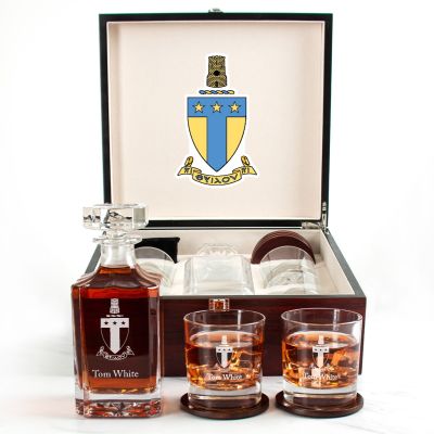Custom Engraved Alpha Tau Omega - Personalized Whiskey Decanter Set In Cherry Wood Gift Box - Coat of Arms