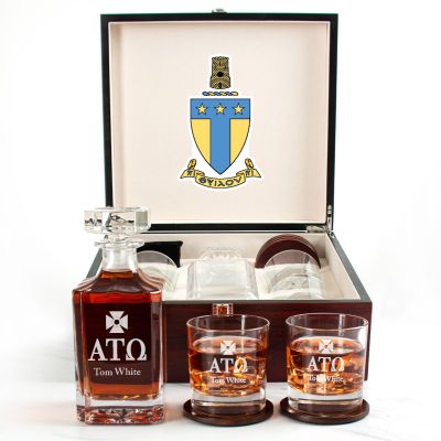 Custom Engraved Alpha Tau Omega - Personalized Whiskey Decanter Set In Cherry Wood Gift Box - Primary Fraternity Logo