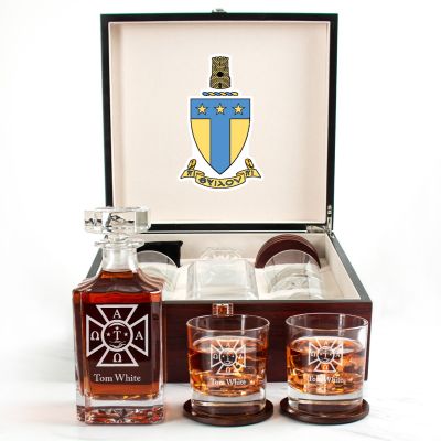 Custom Engraved Alpha Tau Omega - Personalized Whiskey Decanter Set In Cherry Wood Gift Box - Fraternity Seal